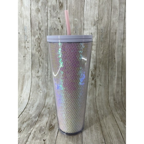 NEW!! Starbucks Cup Holiday 2020 Pink White Sequin Plastic Cold Tumbler 24oz - Picture 4 of 9
